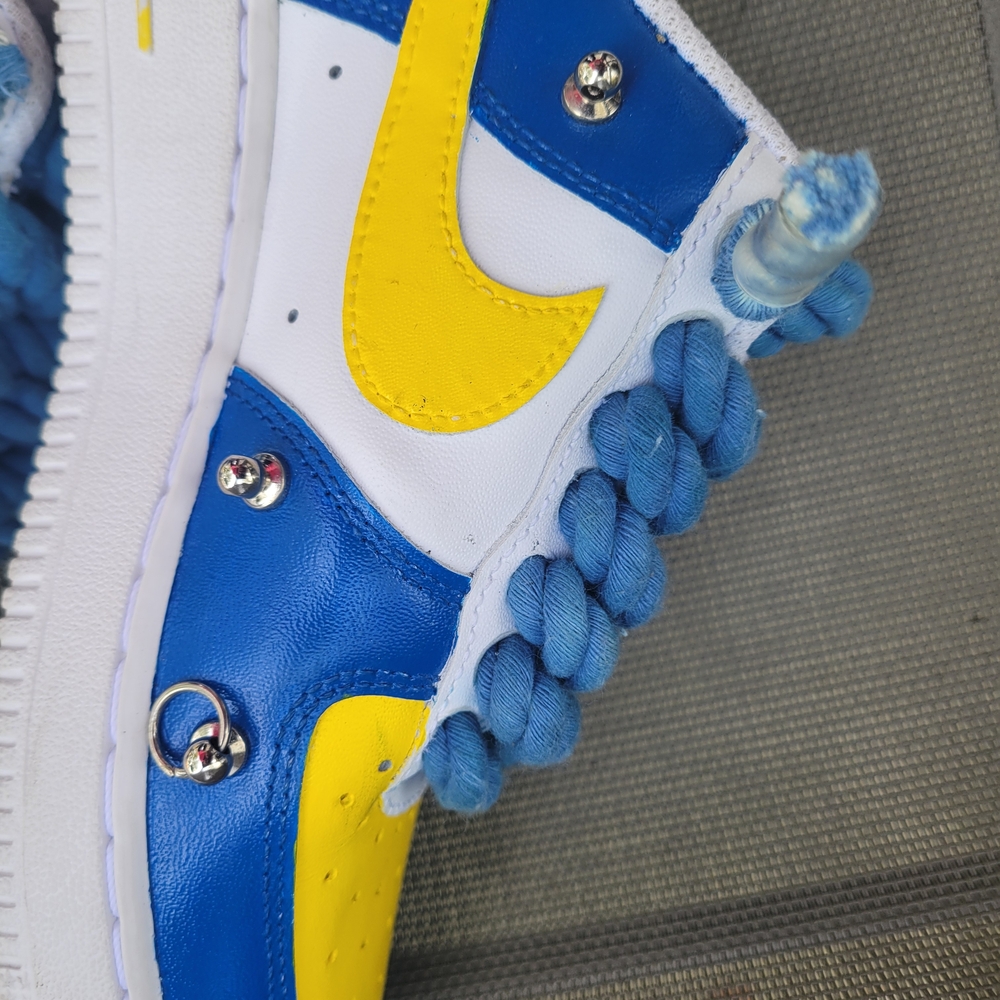 🔥 Custom Nike Air Force 1 • Size 6.5 • Blue + Yellow • Rope Laces • EUC 🔥 - Picture 3 of 10